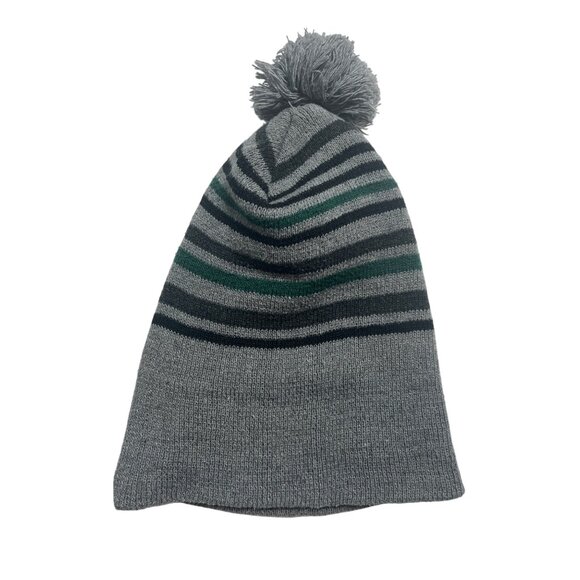Gray Striped Knit Pom-Pom Beanie Hat 18p - Picture 2 of 7